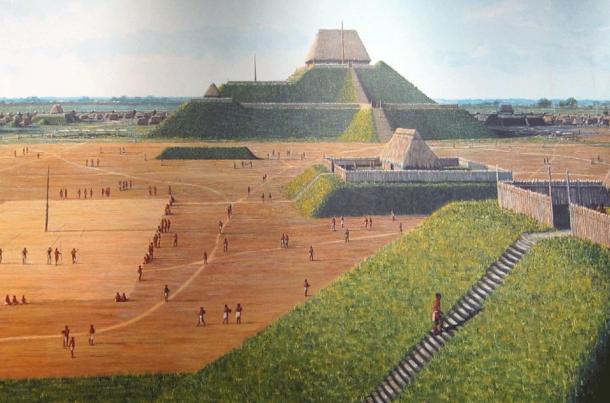 An artist’s depiction of Monks Mound as found within the interpretive center at Cahokia Mounds State Park