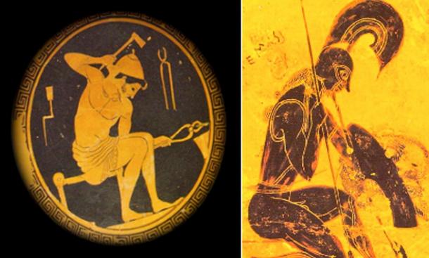 Left, Cain/Hephaistos, on a plate from about 420 BC, works at his forge. Right, Seth/Ares kneels on a section of the famous Francois Vase created in about 565 BC. (Public domain)