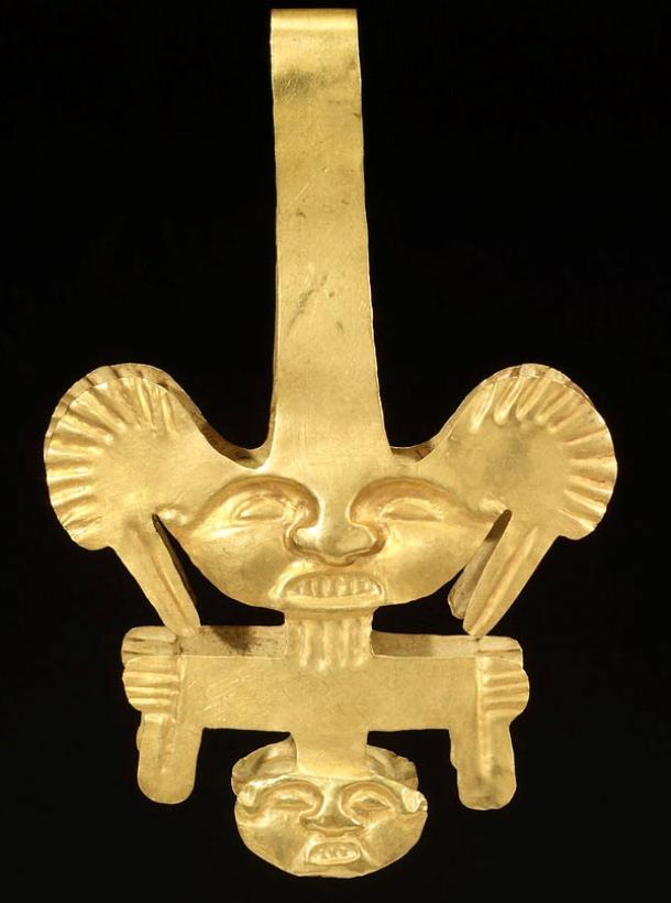 Calima culture gold ceremonial tweezers. Men in ancient Colombia used tweezers to remove their facial hair. This elaborate pair may have been used during rituals or ceremonies. Simpler versions of such tweezers would have been used on a daily basis. Gold objects were made throughout the ancient Americas for the exclusive use of an elite class of rulers, priests, and other noblepersons. Acquired by Henry Walters, 1910. 