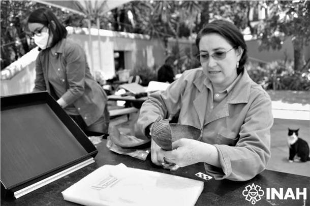 Professor Camacho examining one of the recent finds from Chapultepec (Mauricio Marat, courtesy of INAH)