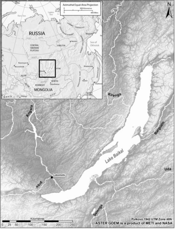 A Cambridge University map shows the Stone Age grave Lokomotiv north of Russia's Lake Baikal, the deepest freshwater body of water in the world.