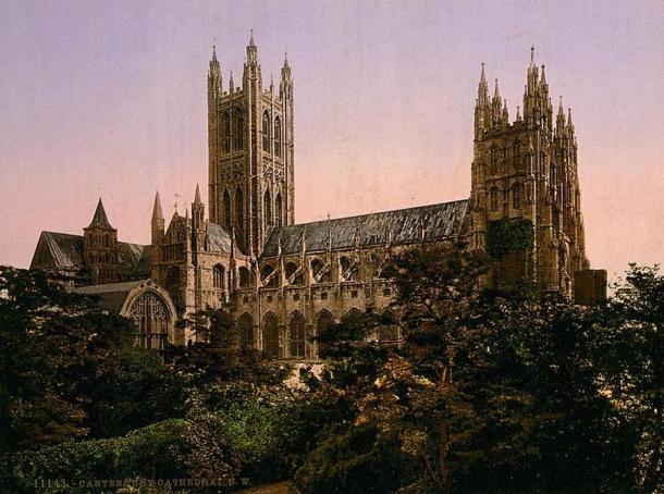 Canterbury Cathedral, pilgrimage site in Kent, England (view from the north west circa 1890–1900.) was founded in 597 AD.