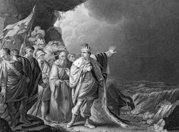 “Canute Reproving His Courtiers,” an etching by R.E. Pine, depicts a legend told about Canute that says he thought he could stop the tide from rising, but when he could not he hung his crown on a crucifix and never wore it again.
