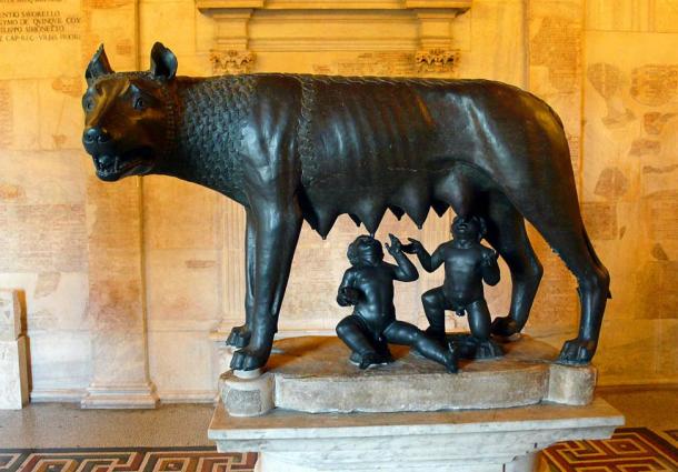 Sculpture of the Capitoline Wolf suckling Romulus and Remus. Musei Capitolini, Rome, Italy.