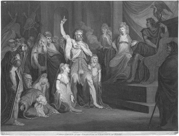 Caractacus at the Tribunal of Claudius at Rome. Engraving by Andrew Birrell of a painting by Henry Fuseli (Public Domain)