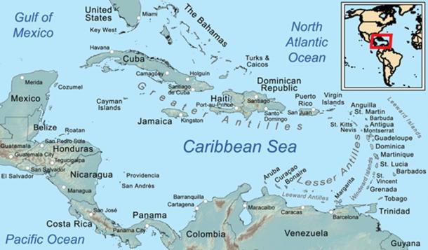 Map showing the area of the Caribbean Sea