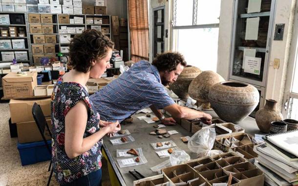 Jeffrey Glover y Carrie Tucker analizan fragmentos de cerámica descubiertos en Vista Alegre. (Proyecto Costa Escondida)