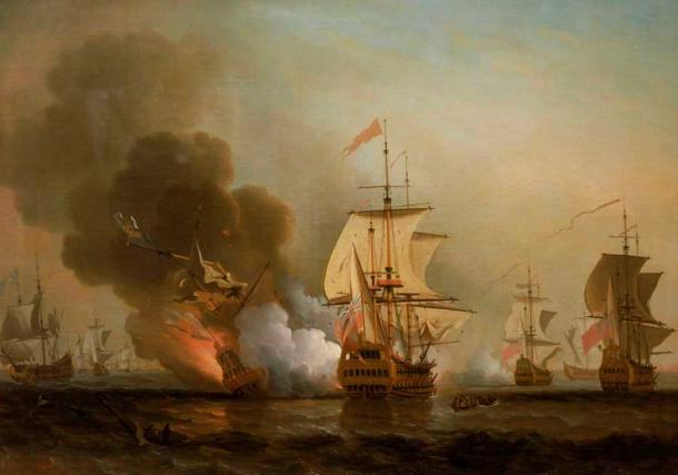 Pintura del asalto de Charles Wager en 1708 frente a Cartagena que finalmente hundió al San José español, junto con su famoso tesoro. (Dominio publico)