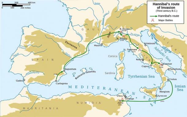 The route taken by Hannibal of Carthage to travel from Spain to Rome, via the Alps. (Abalg / CC BY-SA 3.0)
