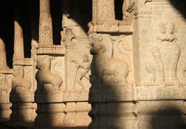 Carved animals and figures at the Virupaksha Temple