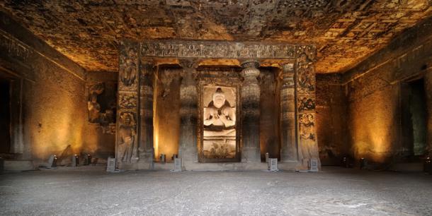 Carved Buddha inside one of the rock-cut Ajanta caves in India. (Rafal Cichawa / Adobe Stock)