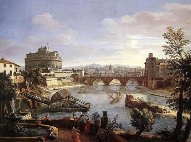 Painting of the Castel Sant' Angelo in Rome, Italy from the south. 