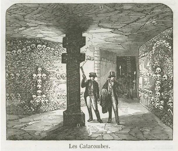 A view of the Catacombs under Paris. The catacombs are a large collection of bones and ossuaries under the city. Engraving, 1855. 