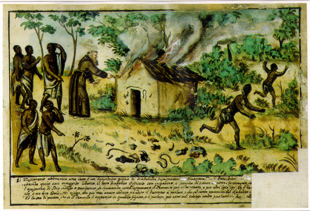 Catholic Priest Burning Idol House, Sogno, Kingdom of Kongo, 1740s. (Public domain)