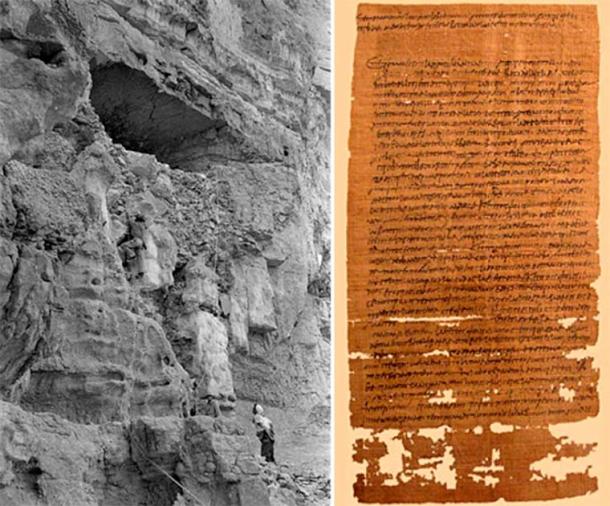 Left; The Cave of the Letters in Nahal Heber in the Judean Desert, (IAA) Right; One of the scrolls previously found in the cave. (Public Domain)