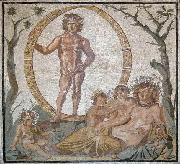 Central part of a large floor mosaic, from a Roman villa in Sentinum (now known as Sassoferrato, in Marche, Italy), ca. 200–250 AD. Aion, the god of eternity, is standing inside a celestial sphere decorated with zodiac signs, in between a green tree and a bare tree (summer and winter, respectively). Sitting in front of him is the mother-earth goddess, Tellus (the Roman counterpart of Gaia) with her four children, who possibly represent the four seasons. (Public Domain)