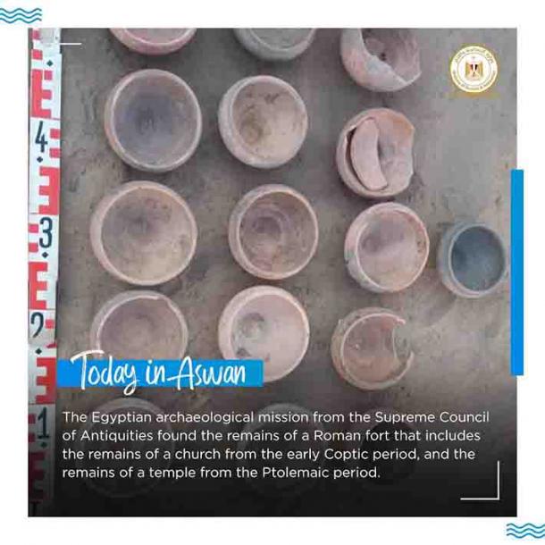 Ceramic vessels found at the Shiha Fort site in southern Egypt, where the ancient Greek-Egyptian temple, Roman fort and Coptic church were found on the same site. (Egyptian Ministry of Tourism and Antiquities)