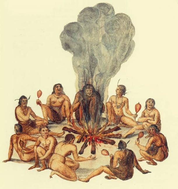 Ceremony of Secotan warriors in North Carolina. Watercolour painted by English colonist John White in 1585. (John White / Public domain)