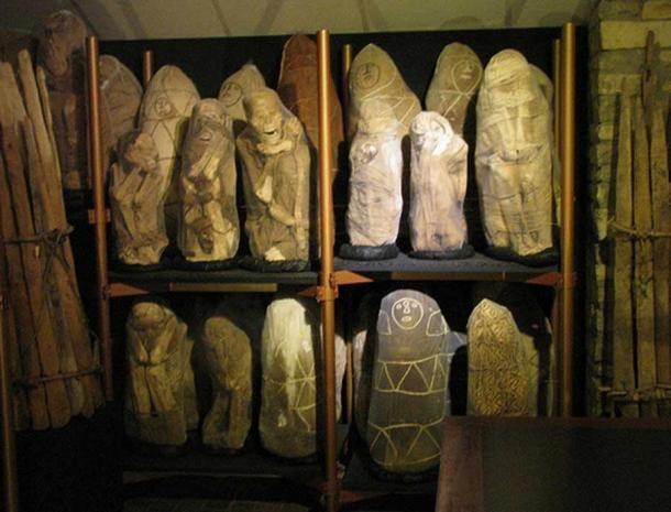 Chachapoya mummies wrapped in cloth at Leymebamba Museum. 