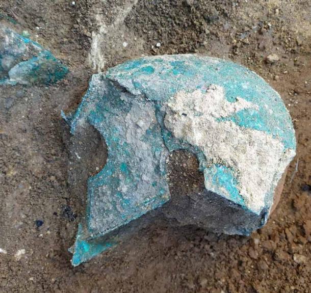Chalcidian helmet likely taken as a trophy of war. (Parco Archeologico Paestum)