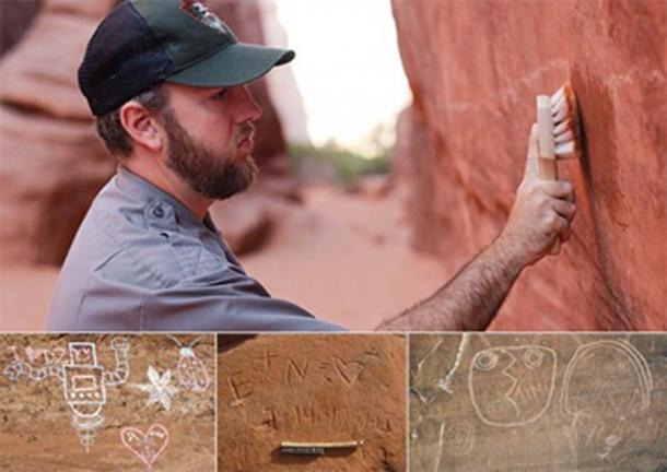 Chalking, carving, and scratching are all types of graffiti on park rock formations. Depending on the damage, it may take a significant amount of work to remove. (NPS / Public Domain)