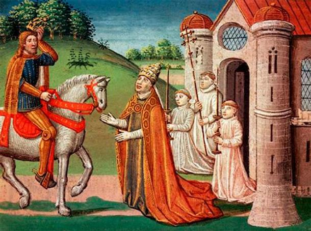 Charlemagne and Pope Adrian I, in a hand-colored print by Antoine Vérard. (Public domain)