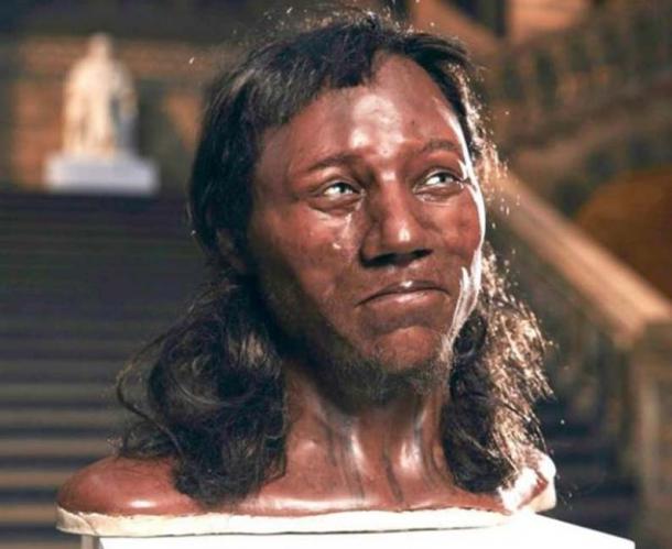 Cheddar Man, a Mesolithic hunger-gatherer with thick, dark hair and blue eyes. (Channel 4/Tom Barnes)