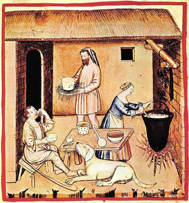 Elaboración de queso, Tacuinum sanitatis Casanatensis (siglo XIV) (Dominio público)