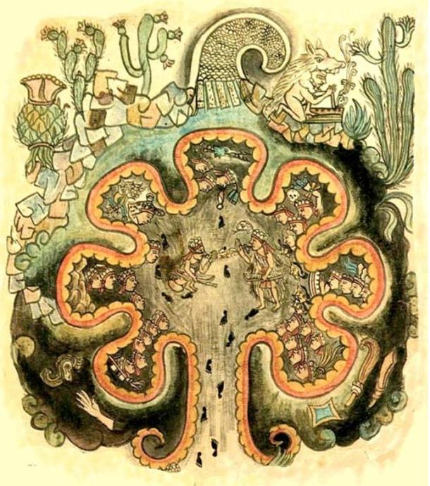 Chicomoztoc - the place of the seven caves. The mythical origin of the 'nahuatlaca' tribes. From the 'Historia Tolteca chicimeca'. 