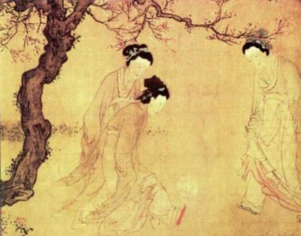 Chinese ladies playing cuju, by the Ming Dynasty painter Du Jin.
