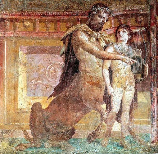 Quirón, el centauro individual más famoso, le enseña a Aquiles a tocar la lira, como se muestra en un fresco romano de 2000 años de antigüedad encontrado en Herculano, Italia. (musas / dominio público)