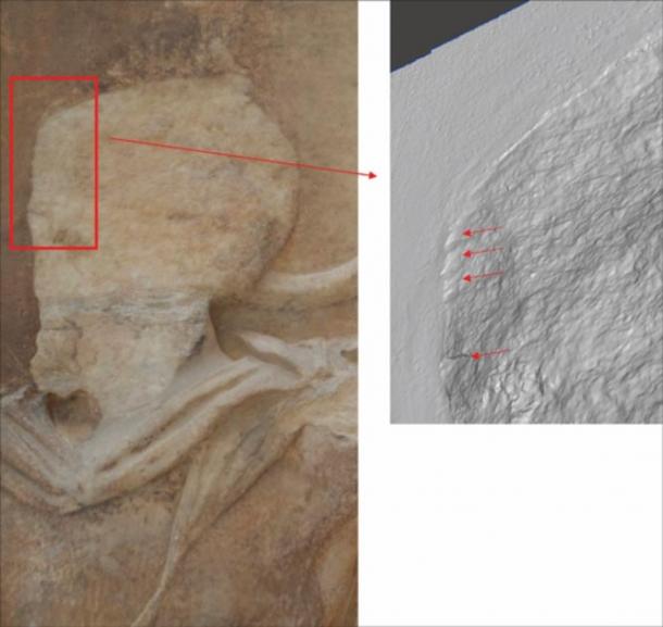 Chisel marks on the head of figure 15 of the West Frieze VIII, which is missing on original sculpture but present in Elgin’s casts. (Dr Emma Payne, 3D imaging conducted courtesy of the Trustees of the British Museum and Acropolis Museum / Antiquity)