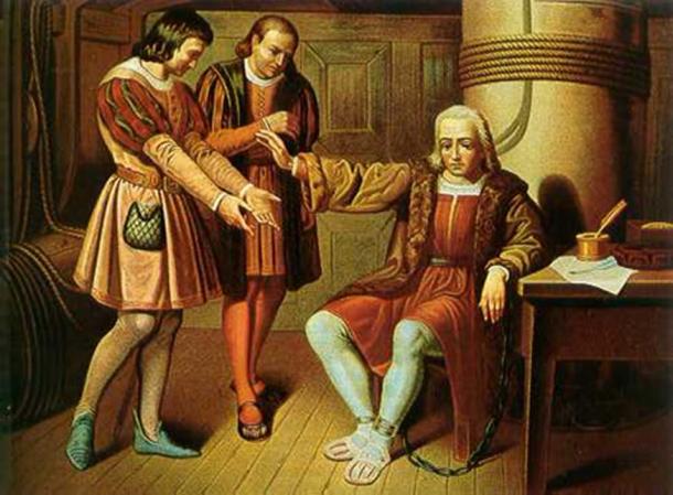 Christopher Columbus was arrested at Santo Domingo in 1500 by Francisco de Bobadilla and returned to Spain, along with his two brothers, in chains.
