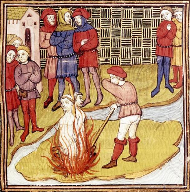 Détail d'une miniature de l'incendie du Grand Maître des Templiers et d'un autre Templier. Extrait des Chroniques de France ou de St Denis. (Domaine public)