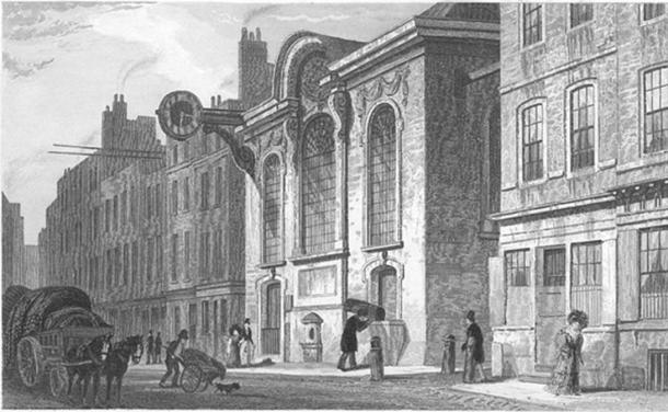 Church of St Swithin, London Stone, in Cannon Street, London; engraving after Thomas H. Shepherd, 1831. The church is by Christopher Wren, 1678. A prominent stone casing in the middle of the church's south wall housed the London Stone. 