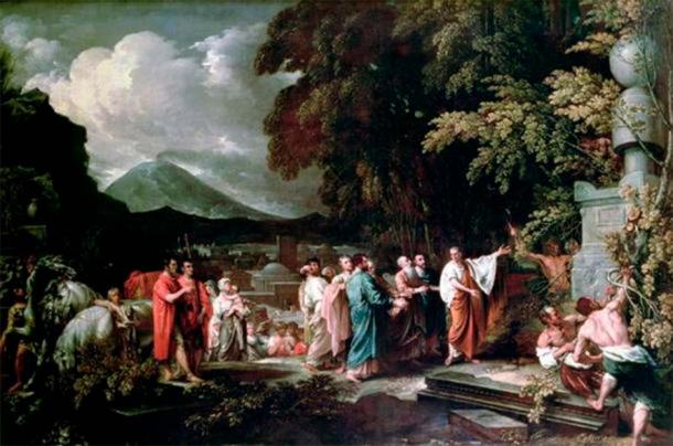 Cicero and the magistrates discovering the tomb of Archimedes by Benjamin West, 1796 (Public Domain)