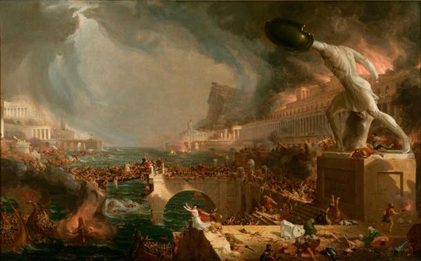 Citizens of Greece felt abandoned by the gods during the Great Plague of Athens, leading to societal breakdown. Painting by Thomas Cole, Destruction from The Course of Empire series, 1836 (Public Domain)