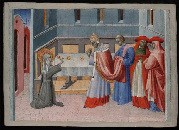 Saint Clare of Assisi Blessing the Bread before Pope Innocent IV. (Public Domain)
