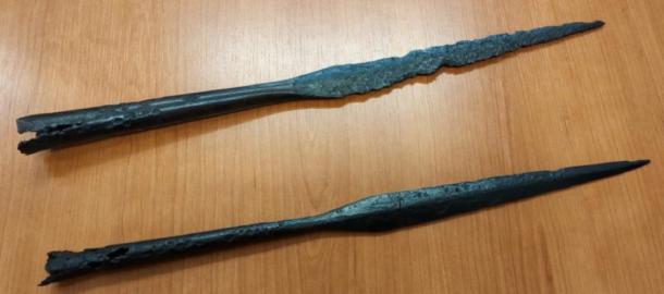 Close-up image of Yotvingian spearheads unearthed at the site in Suwałki, Poland. (Jakub Mikołajczuk / Suwalki Muzeum)