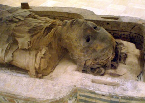 Close-up of the Ancient Egyptian mummy Antjau on display at the Royal Ontario Museum.