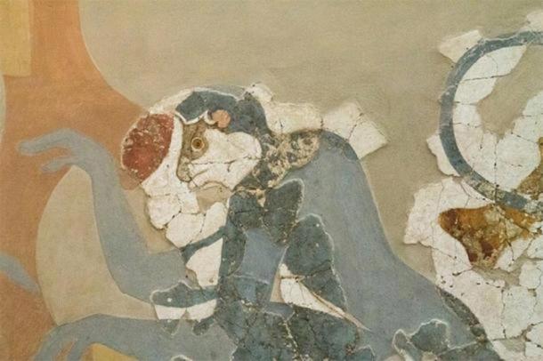 Close up of monkey portrayed in Minoan art in Akrotiri, Greece. (ZDE / CC BY-SA 3.0 )