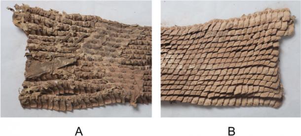 Imágenes de primer plano del fragmento de armadura de escamas de cuero de Yanghai: A: interior; B: afuera. (P. Wertmann / Quaternary International)