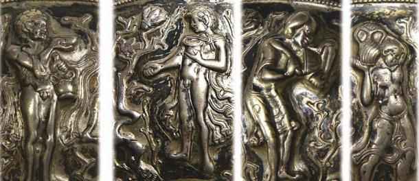 Closeups of images of Alexander (the two leftmost figures), an Indian priest, and a servant shown on the silver Tibetan bowl that depicts Alexander legends with a Jewish “twist.” (Ancient Orient Museum, Tokyo)