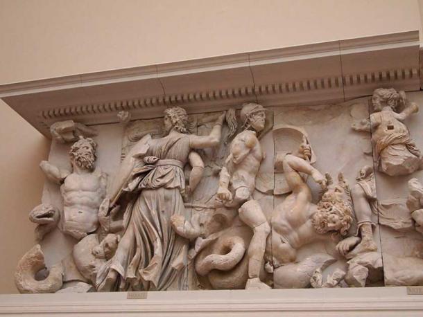 Hecate battling Clytius with a torch, a sword and a lance on the Gigantomachy frieze created in the 2nd century BC in Pergamon and reconstructed at the Pergamon Museum in Berlin. (Miia Ranta / CC BY-SA 2.0)