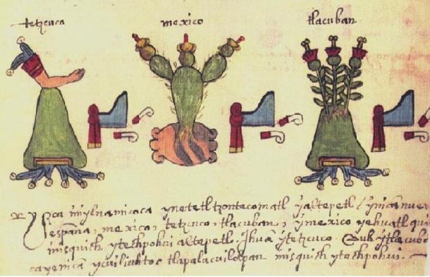 Middle section of page 34 of Codex Osuna, from 1565, showing the pictorial symbols for Texcoco, Tenochtitlan (Mexico), and Tlacopán.