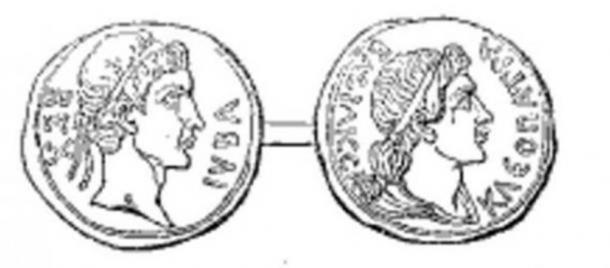 Coin of the ancient kingdom of Mauretania. Juba II of Numidia on the obverse, Cleopatra Selene II on the reverse.