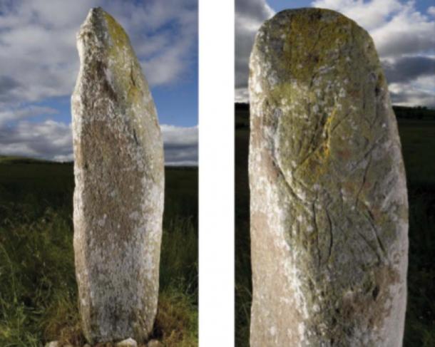 The Collessie stone: warrior figure (right) and symbol on adjacent face (left). (© Historic Environment Scotland, images DP 027894 and DP 027896)
