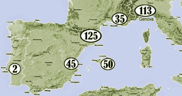 Places where Colombo DNA samples were collected by Prof. José Lorente’s international team to compare with Colón’s DNA. The two Portuguese samples, from the Duke of Braganza and the Count of Ribeira Grande, were provided for testing by Manuel Rosa.