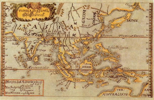 Colored map of South East Asia to Australia by Caspar Schmalkalden (c.1618-c.1668). (Public Domain)
