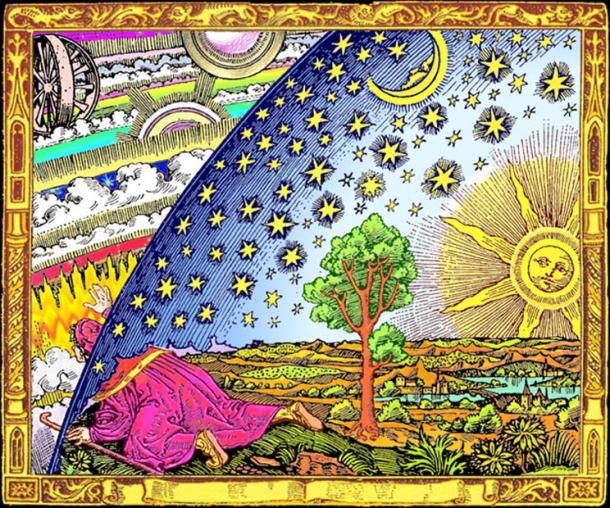 Colored version of 1888 black-and-white Flammarion engraving called “Universum” wherein a man pokes his head through the firmament of a flat Earth to view the mechanics of the spheres. 